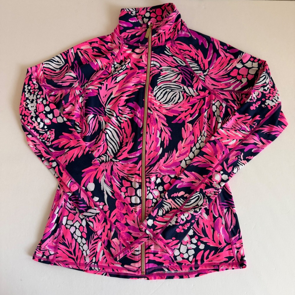 Lilly Pulitzer Luxletic Jacket S Pink Navy Stretch Full Zip Thumbhole Pockets